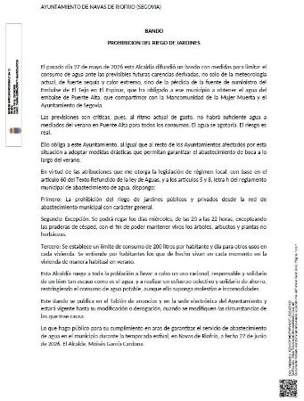 Imagen BANDO PROHIBICIÓN DEL RIEGO DE JARDINES